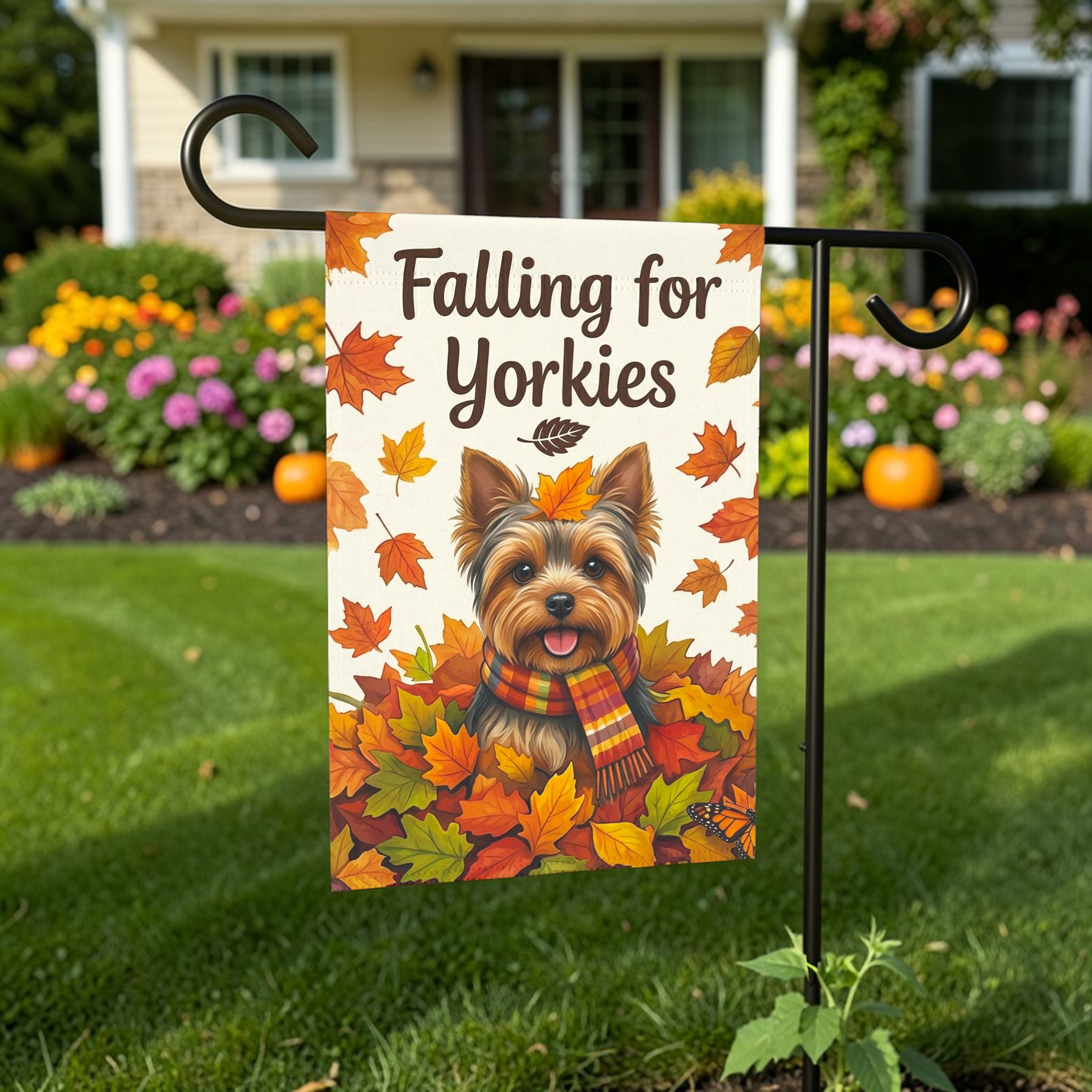 Falling for Yorkies Autumn Garden Flag - lifestyle display - Dragonfire Gardens