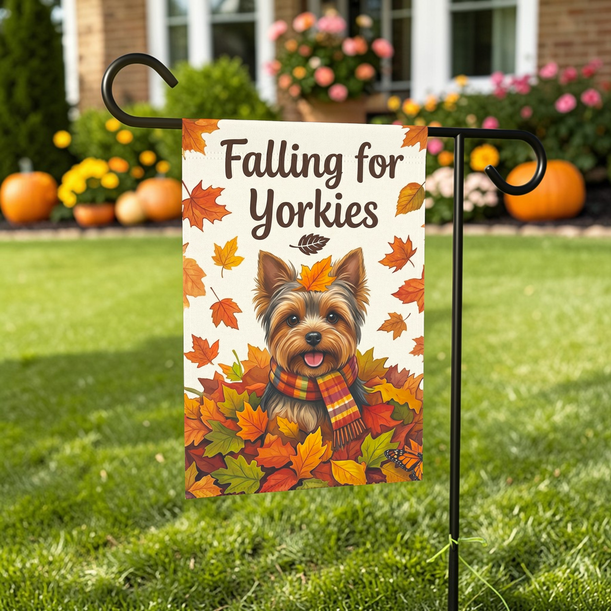 Falling for Yorkies Autumn Garden Flag - front view - Dragonfire Gardens