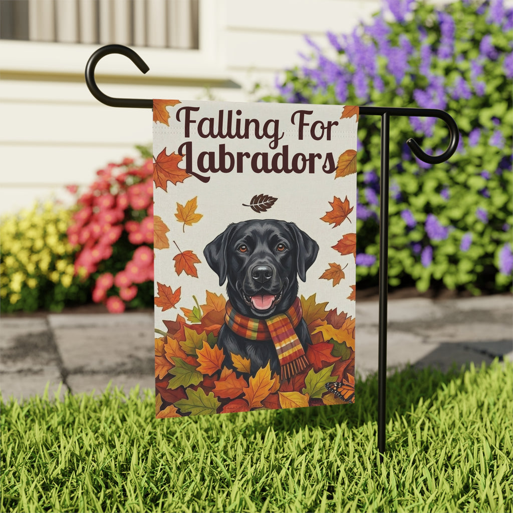 Falling For Labradors Black Lab Autumn Garden Flag - close-up detail - Dragonfire Gardens