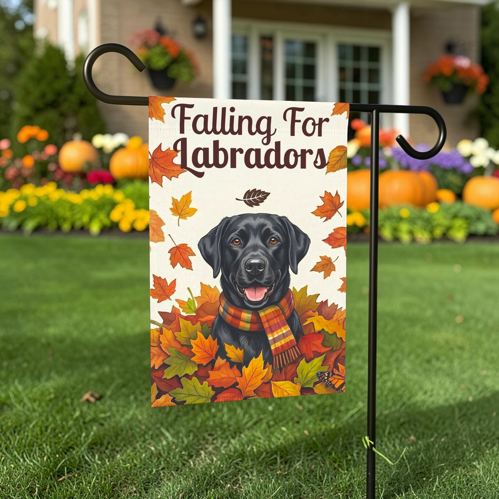 Falling For Labradors Black Lab Autumn Garden Flag - outdoor display - Dragonfire Gardens