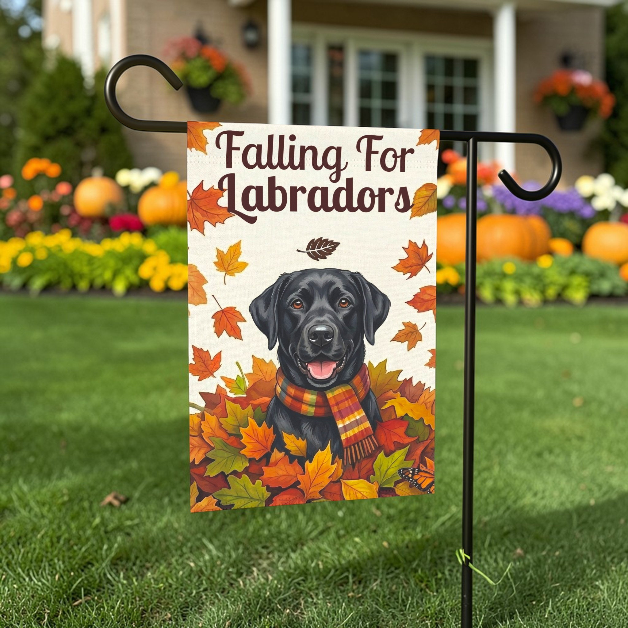Falling For Labradors Black Lab Autumn Garden Flag - outdoor display - Dragonfire Gardens