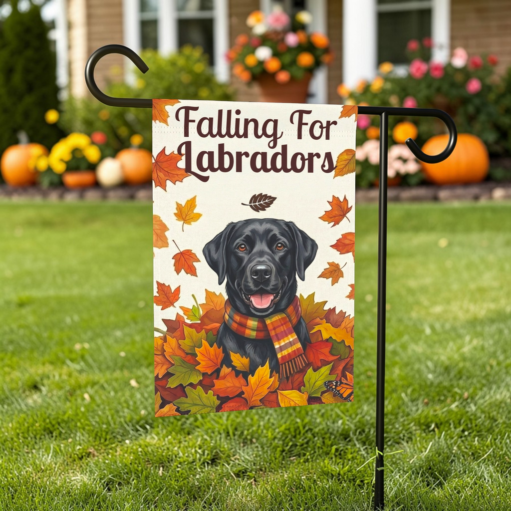 Falling For Labradors Black Lab Autumn Garden Flag - front view - Dragonfire Gardens
