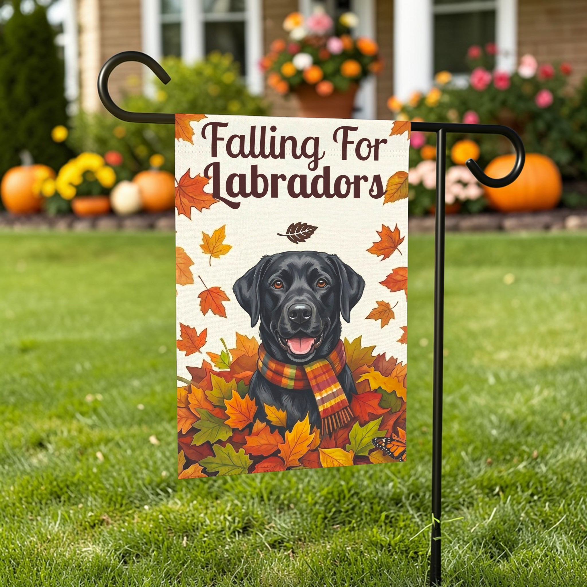 Falling For Labradors Black Lab Autumn Garden Flag - front view - Dragonfire Gardens