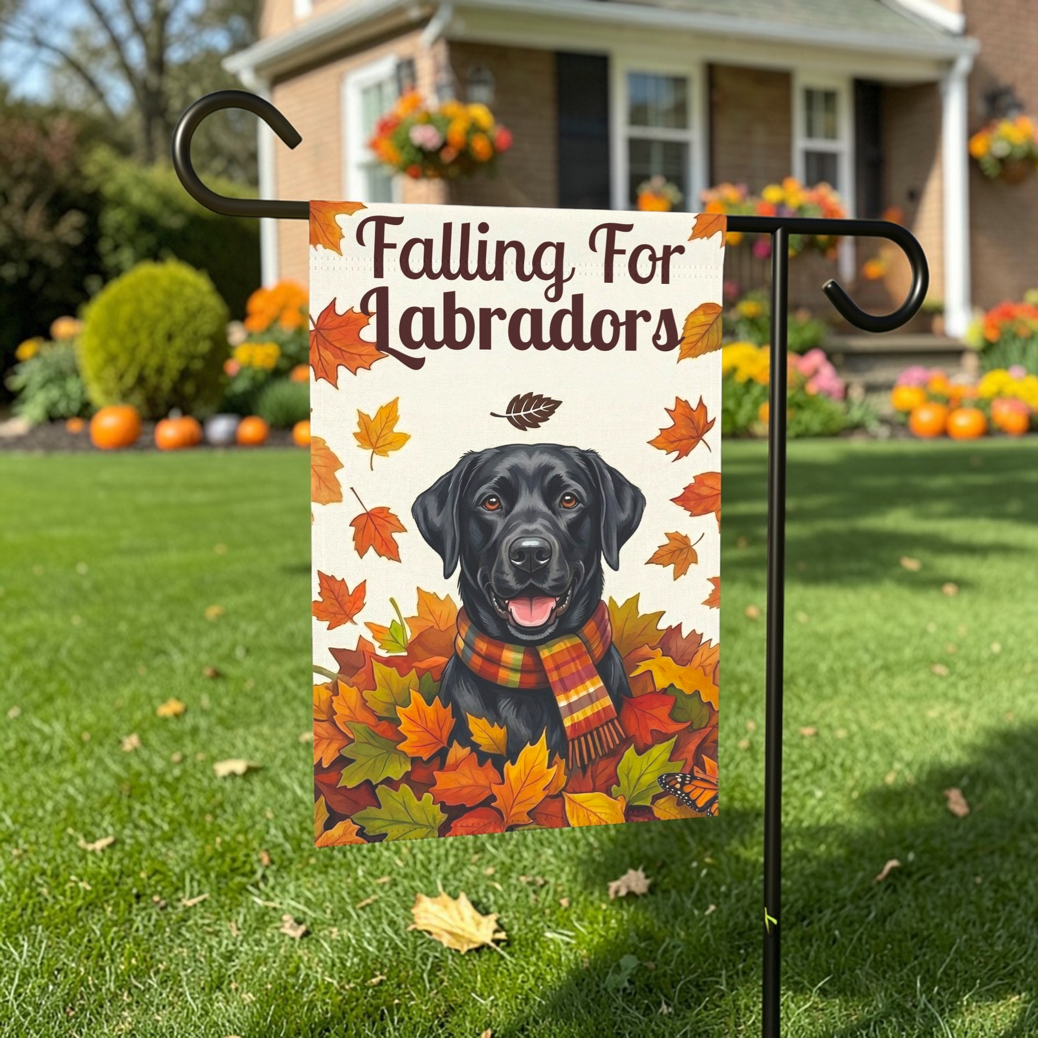 Falling For Labradors Black Lab Autumn Garden Flag - lifestyle display - Dragonfire Gardens