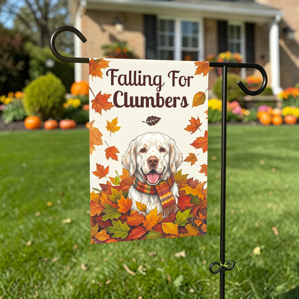 Falling For Clumbers Autumn Garden Flag - front view - Dragonfire Gardens