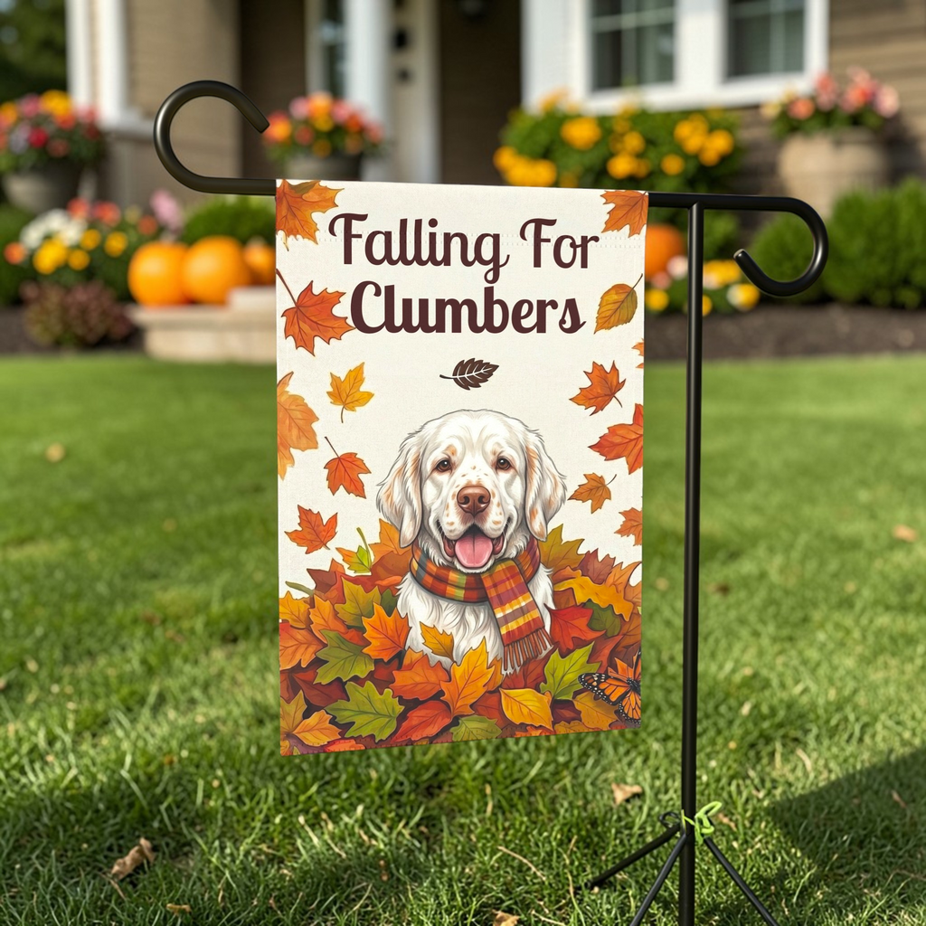 Falling For Clumbers Autumn Garden Flag - outdoor display - Dragonfire Gardens