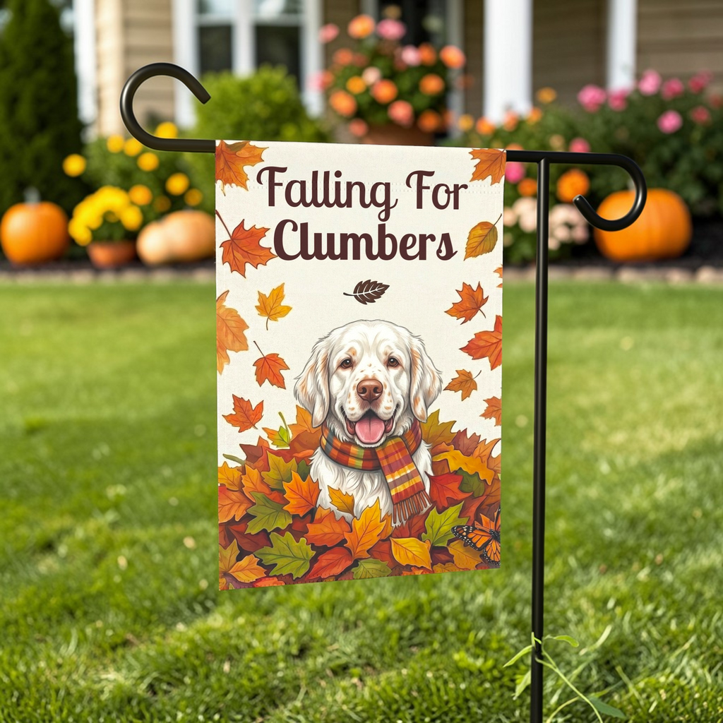 Falling For Clumbers Autumn Garden Flag - lifestyle display - Dragonfire Gardens