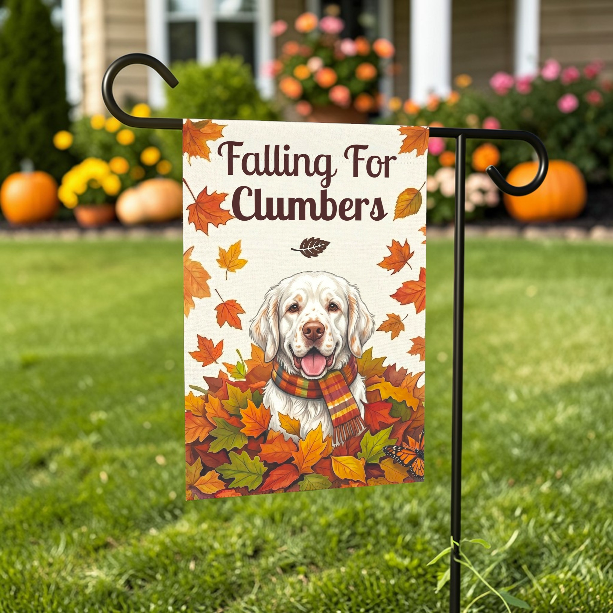 Falling For Clumbers Autumn Garden Flag - lifestyle display - Dragonfire Gardens
