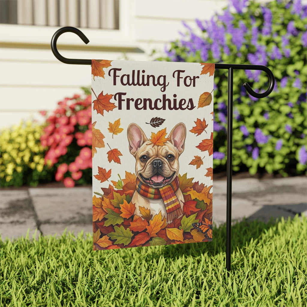 Falling For Frenchies Autumn Garden Flag - close-up detail - Dragonfire Gardens