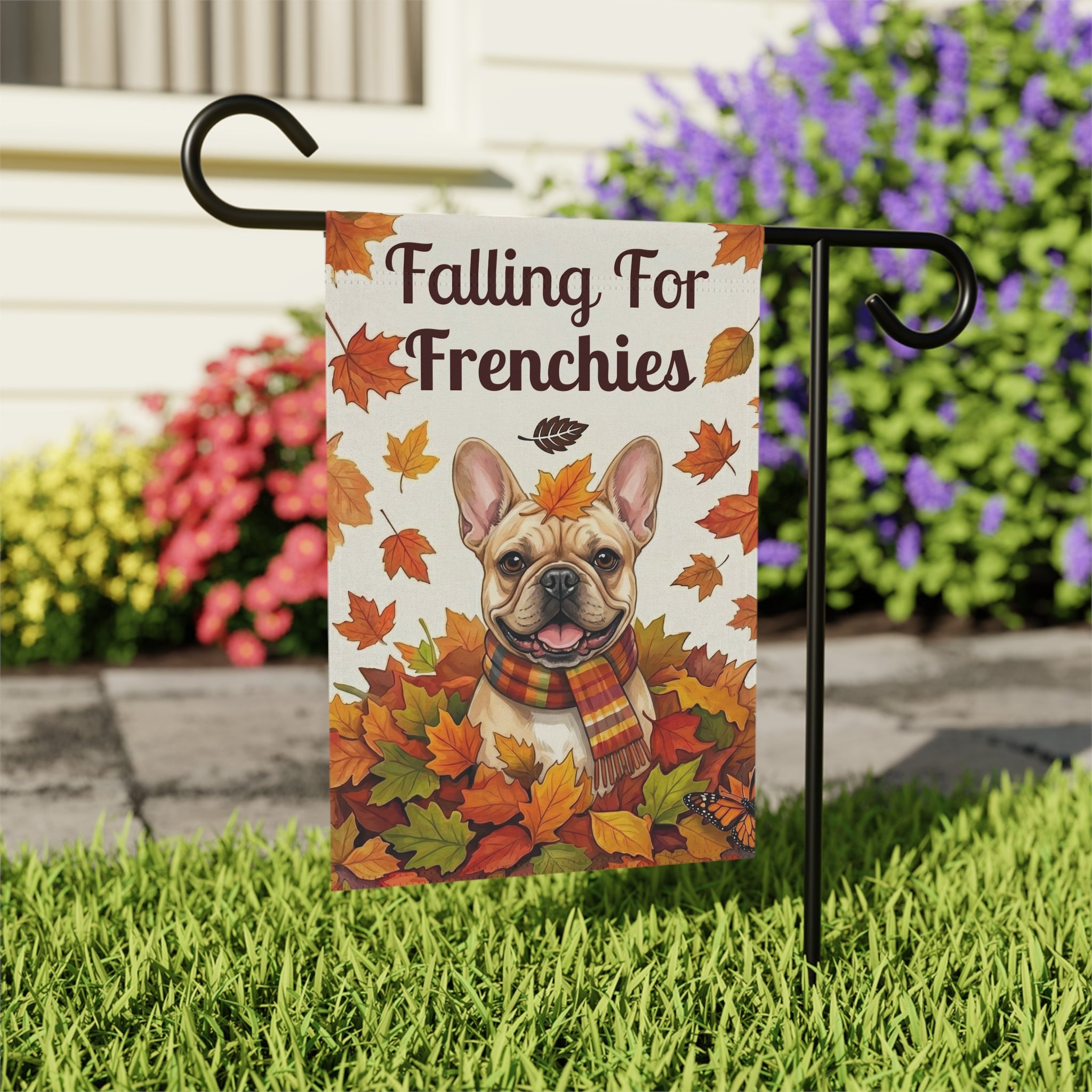 Falling For Frenchies Autumn Garden Flag - close-up detail - Dragonfire Gardens