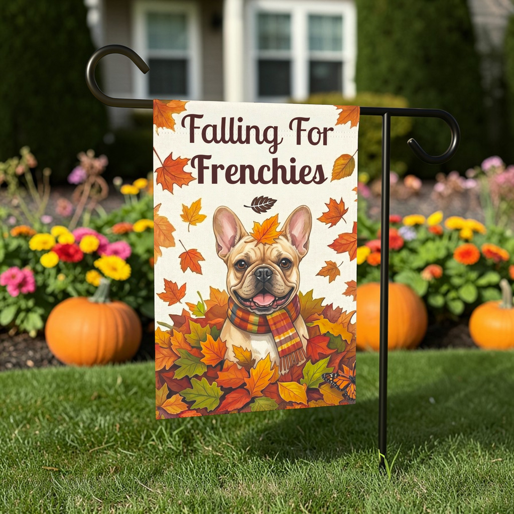 Falling For Frenchies Autumn Garden Flag - front view - Dragonfire Gardens