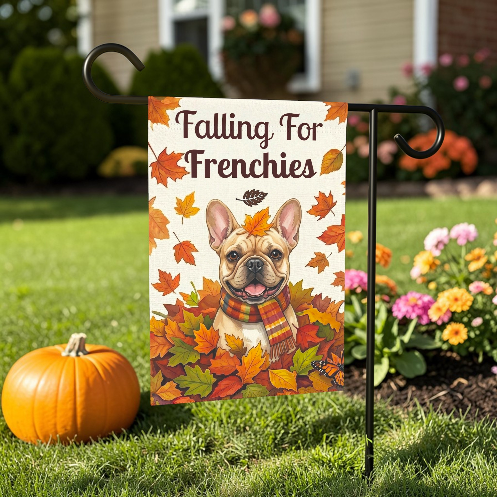 Falling For Frenchies Autumn Garden Flag - outdoor display - Dragonfire Gardens
