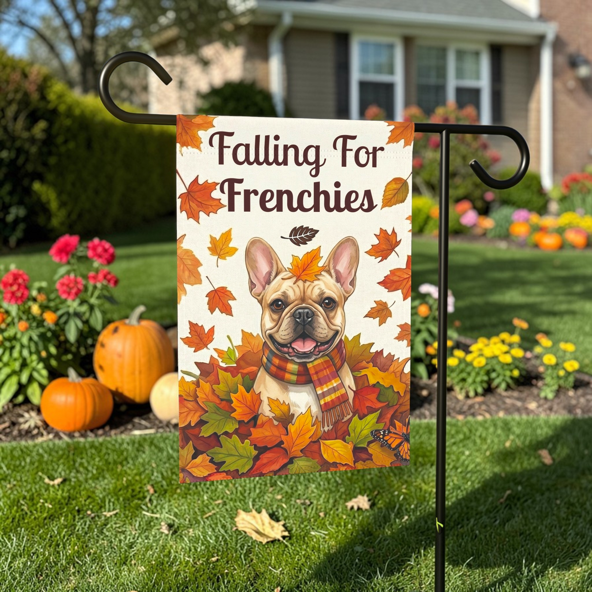 Falling For Frenchies Autumn Garden Flag - lifestyle display - Dragonfire Gardens