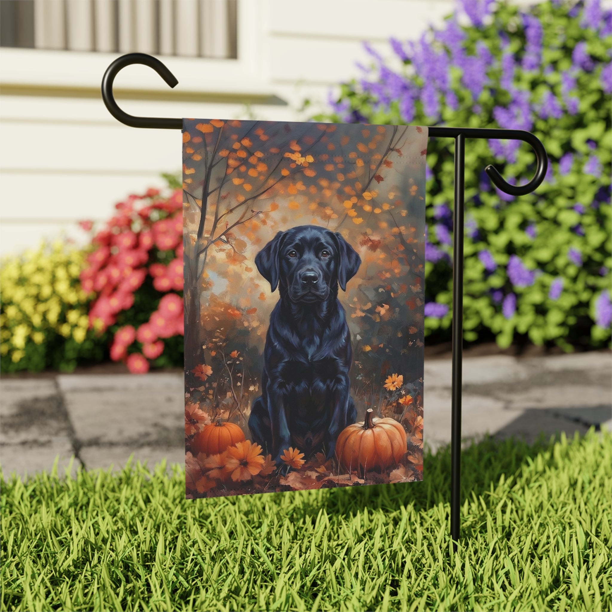 Fall Black Labrador Garden Flag - close-up detail - Dragonfire Gardens