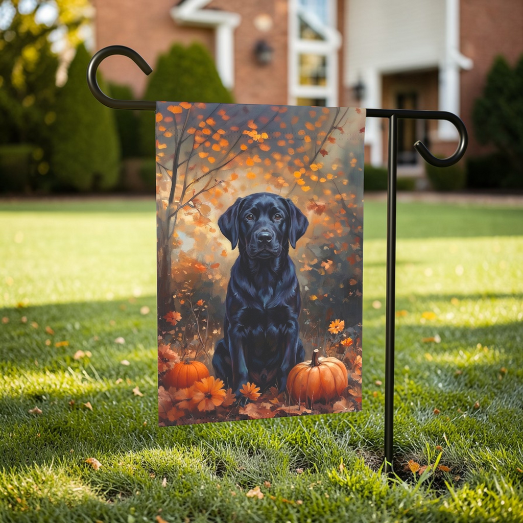 Fall Black Labrador Garden Flag - outdoor display - Dragonfire Gardens