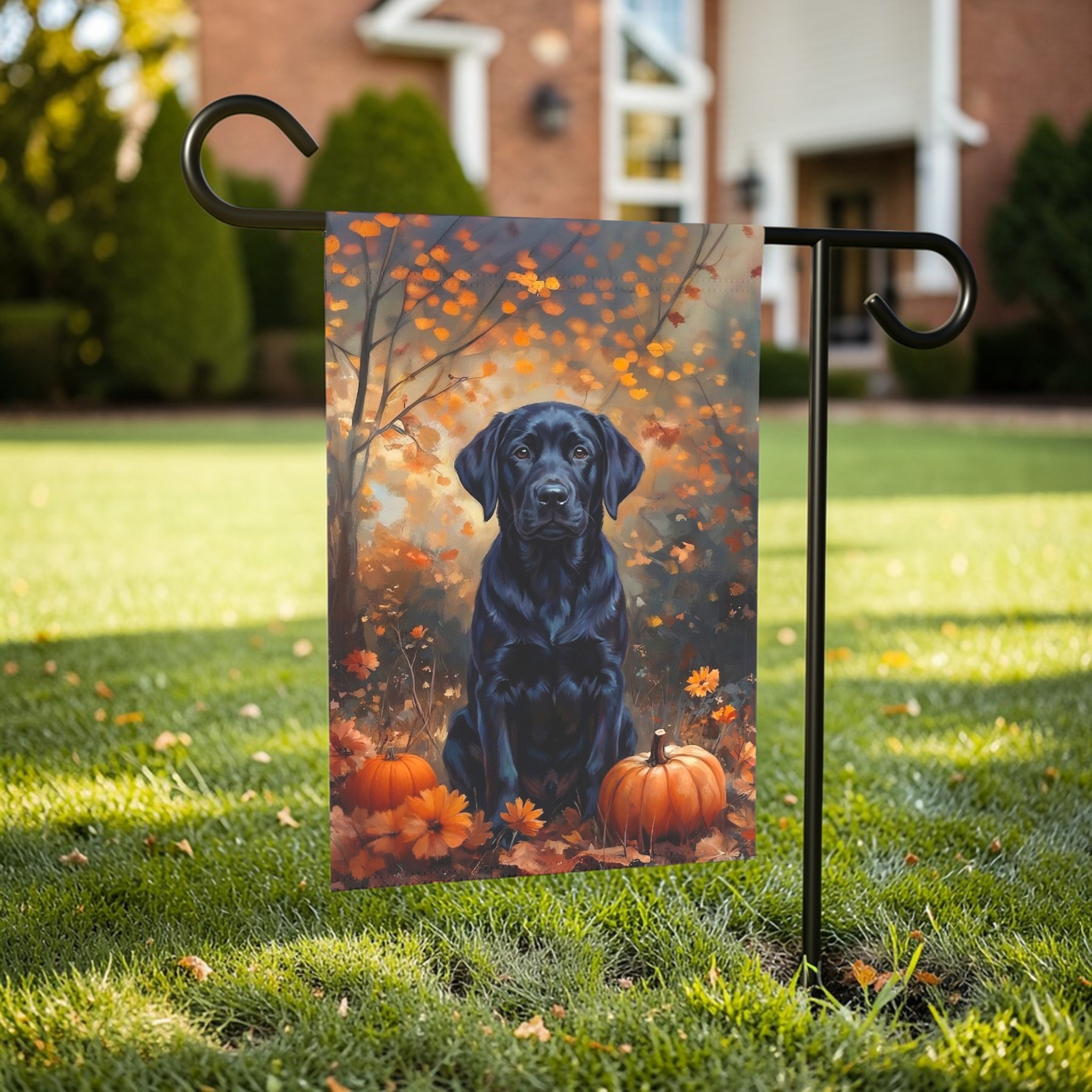 Fall Black Labrador Garden Flag - outdoor display - Dragonfire Gardens