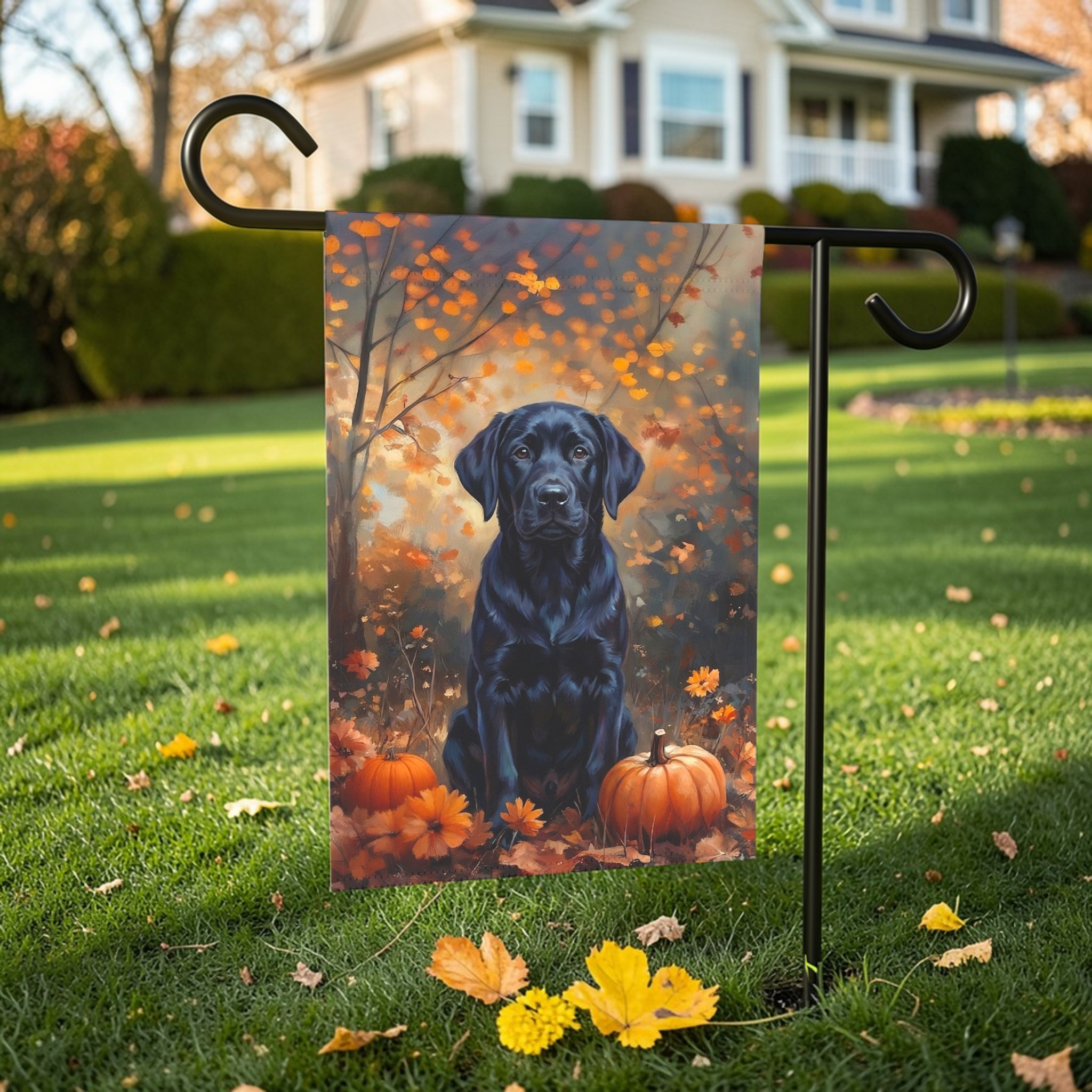 Fall Black Labrador Garden Flag - front view - Dragonfire Gardens