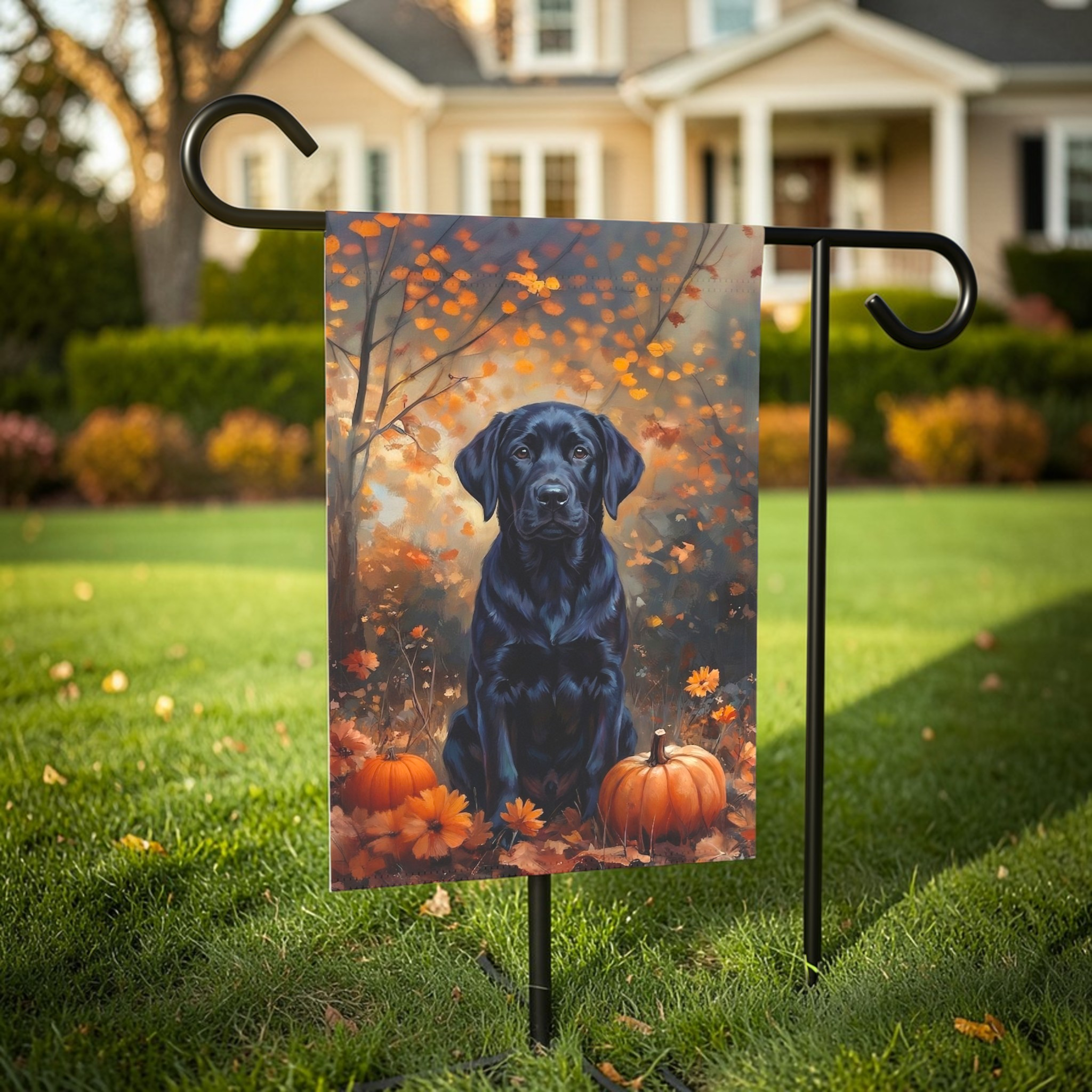 Fall Black Labrador Garden Flag - lifestyle display - Dragonfire Gardens