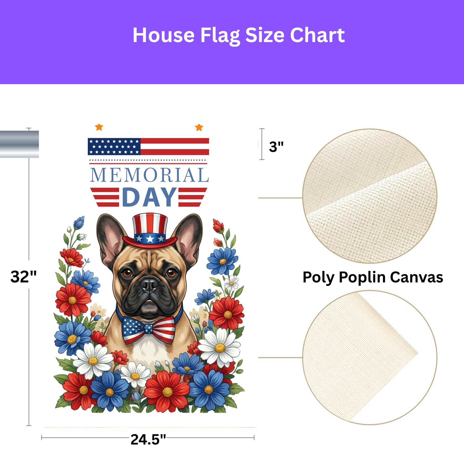 Memorial Day French Bulldog Garden Flag - size comparison - Dragonfire Gardens