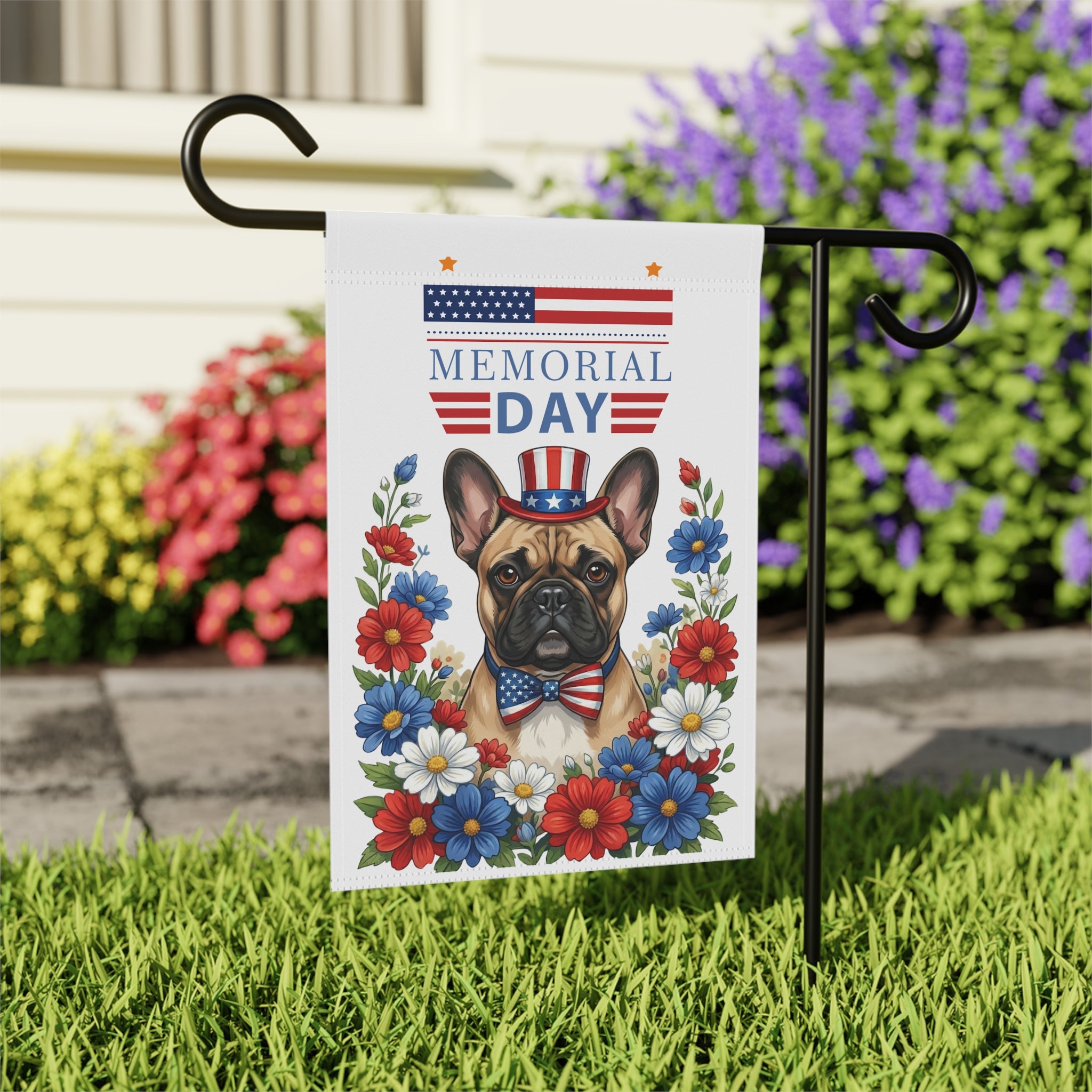 Memorial Day French Bulldog Garden Flag - close-up detail - Dragonfire Gardens
