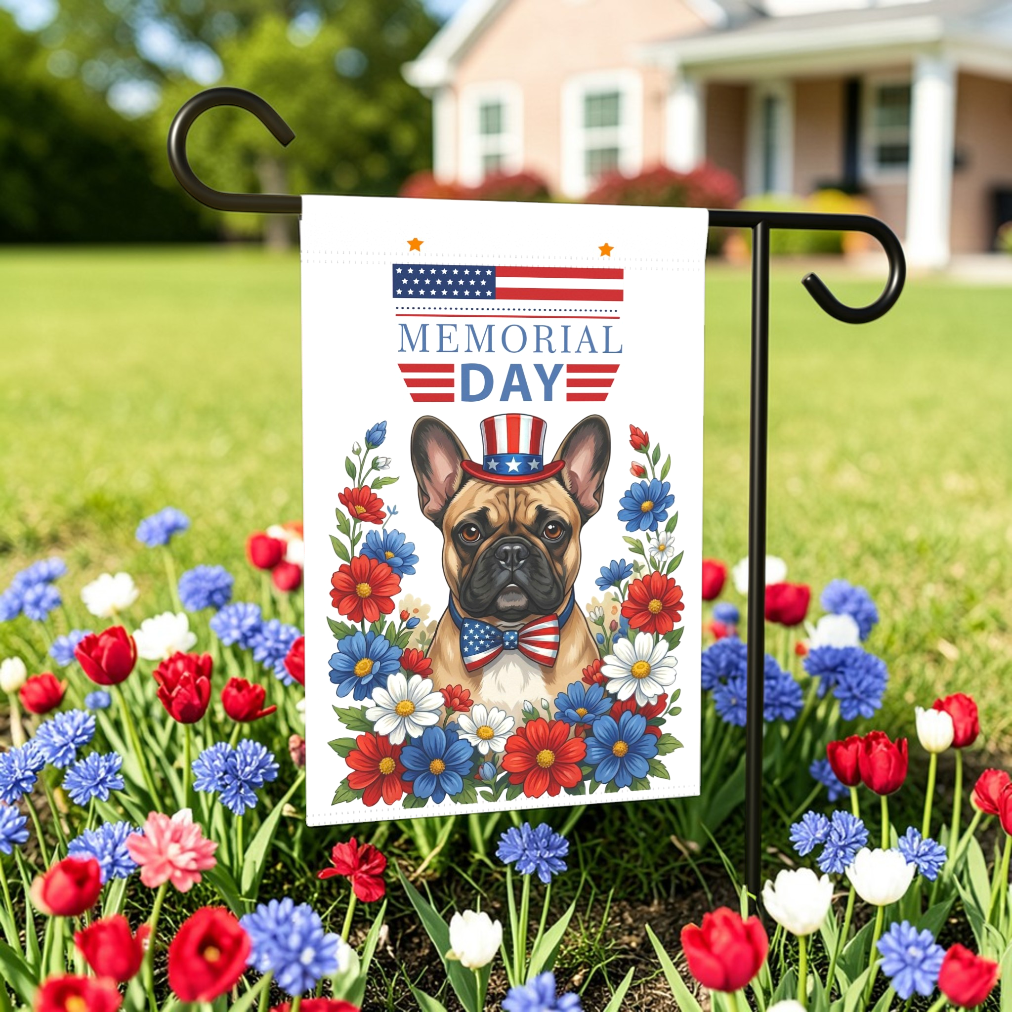 Memorial Day French Bulldog Garden Flag - outdoor display - Dragonfire Gardens
