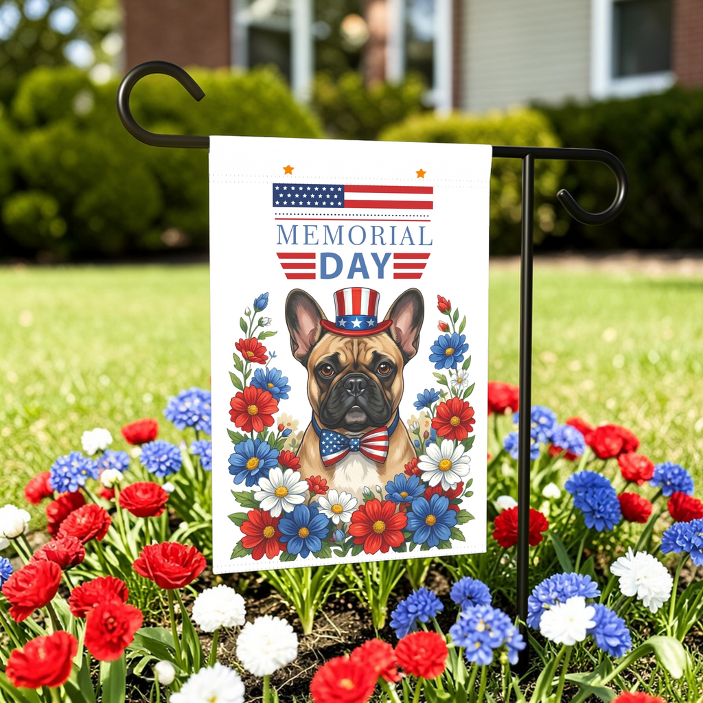 Memorial Day French Bulldog Garden Flag - front view - Dragonfire Gardens