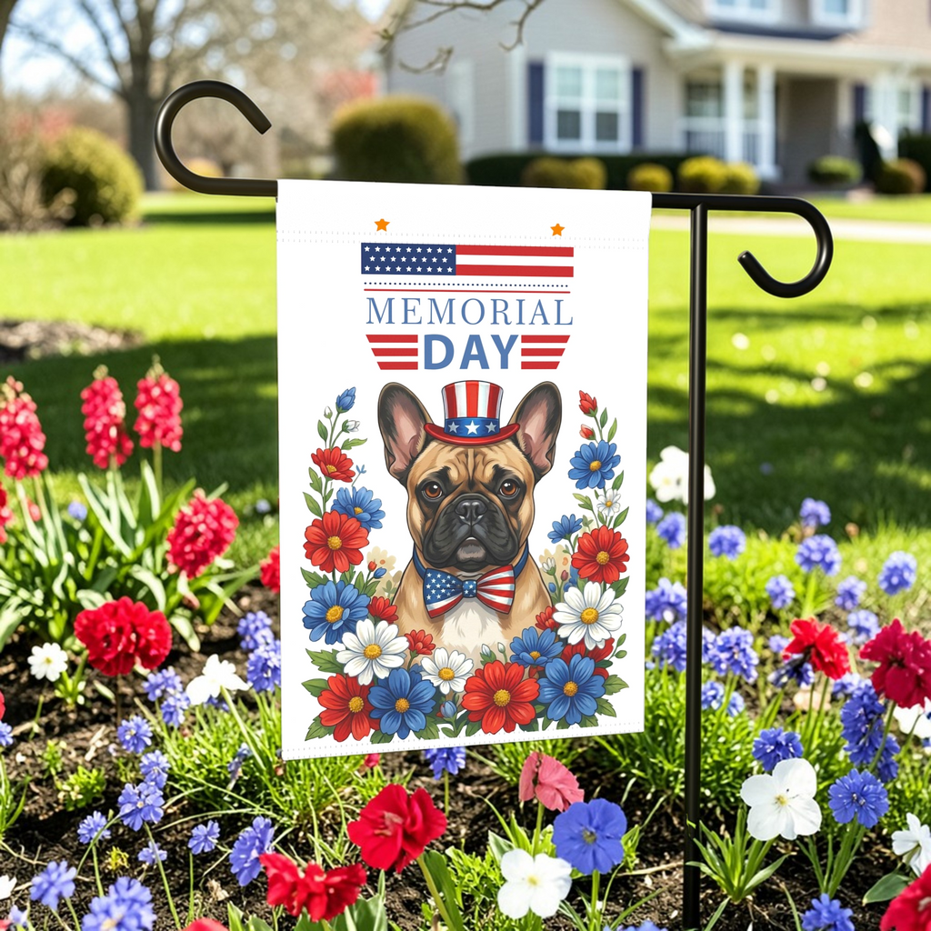 Memorial Day French Bulldog Garden Flag - lifestyle display - Dragonfire Gardens