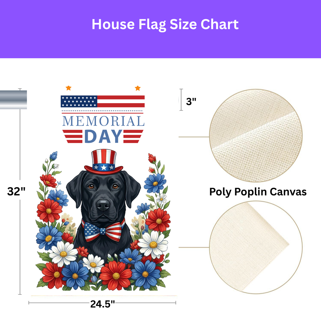 Memorial Day Black Labrador Retriever Garden Flag - size comparison - Dragonfire Gardens