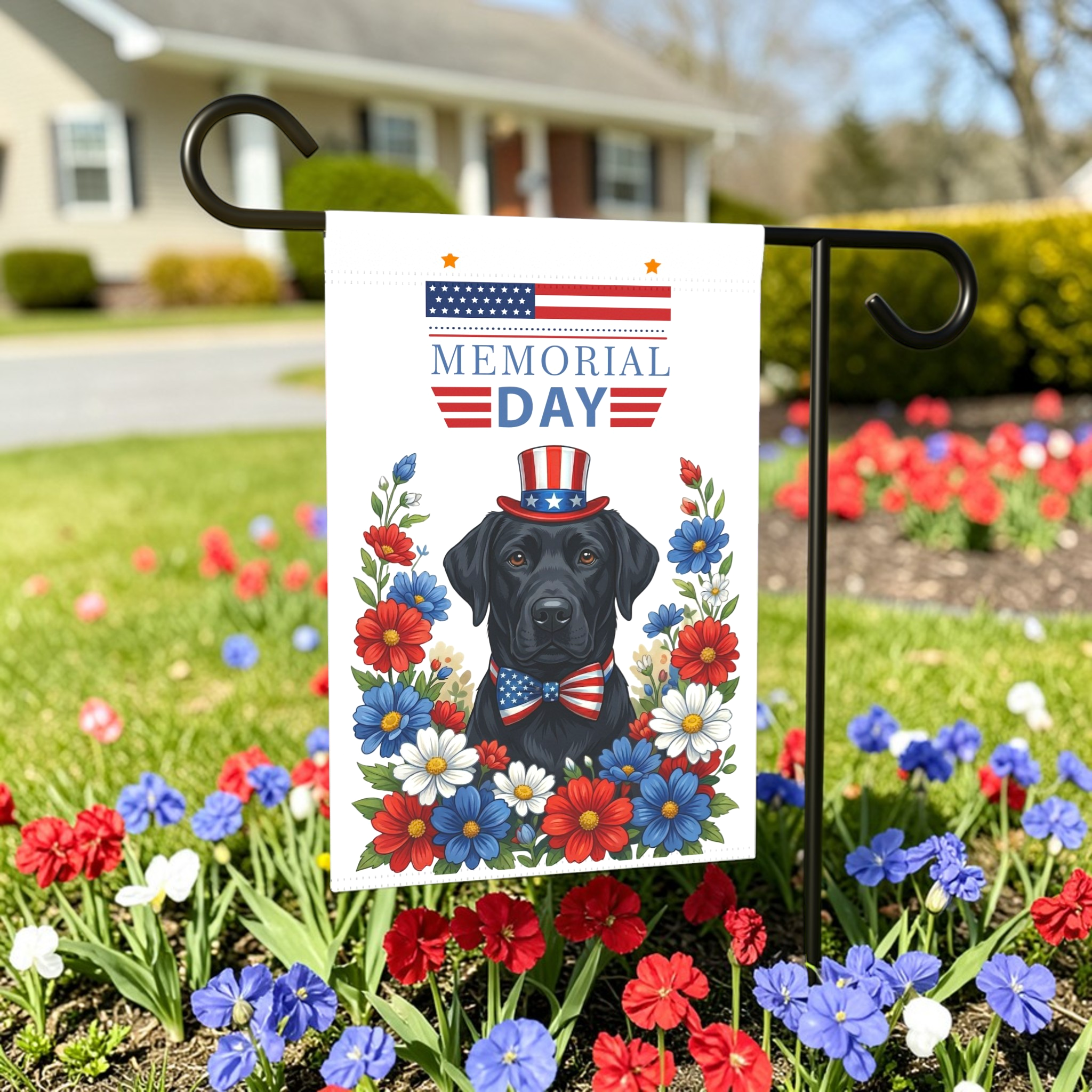 Memorial Day Black Labrador Retriever Garden Flag - outdoor display - Dragonfire Gardens