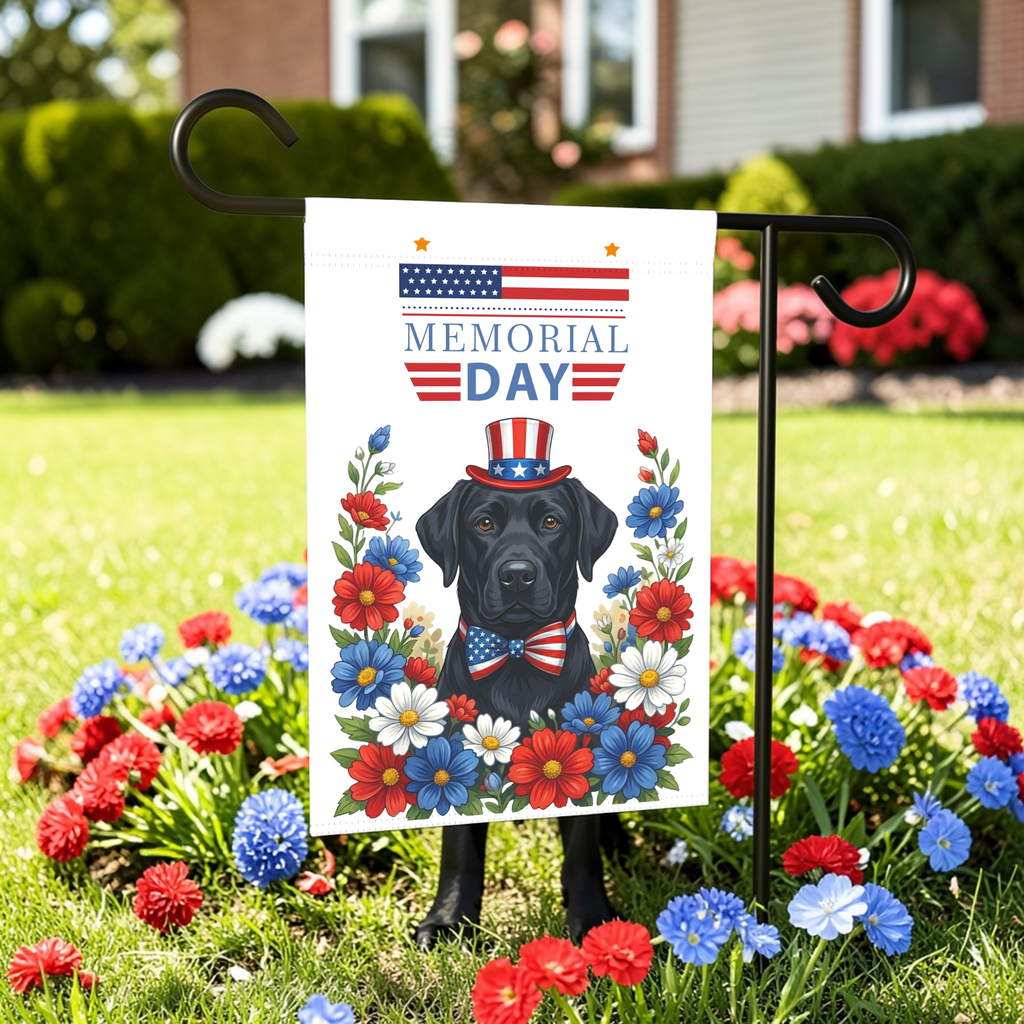 Memorial Day Black Labrador Retriever Garden Flag - front view - Dragonfire Gardens