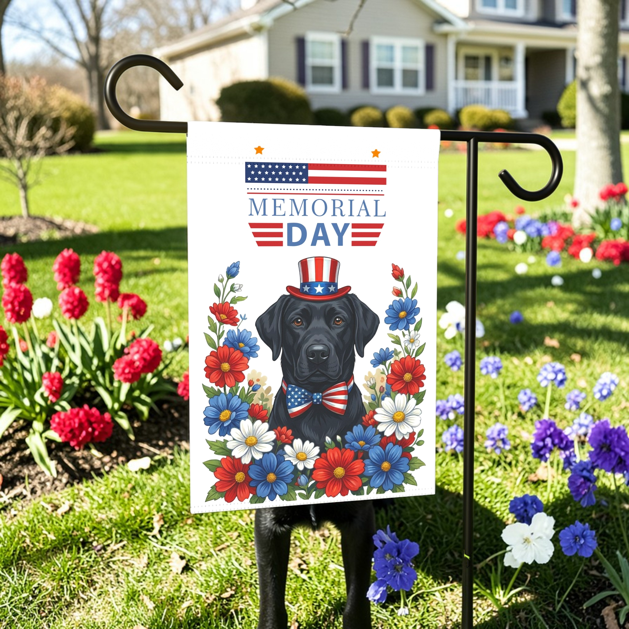 Memorial Day Black Labrador Retriever Garden Flag - lifestyle display - Dragonfire Gardens