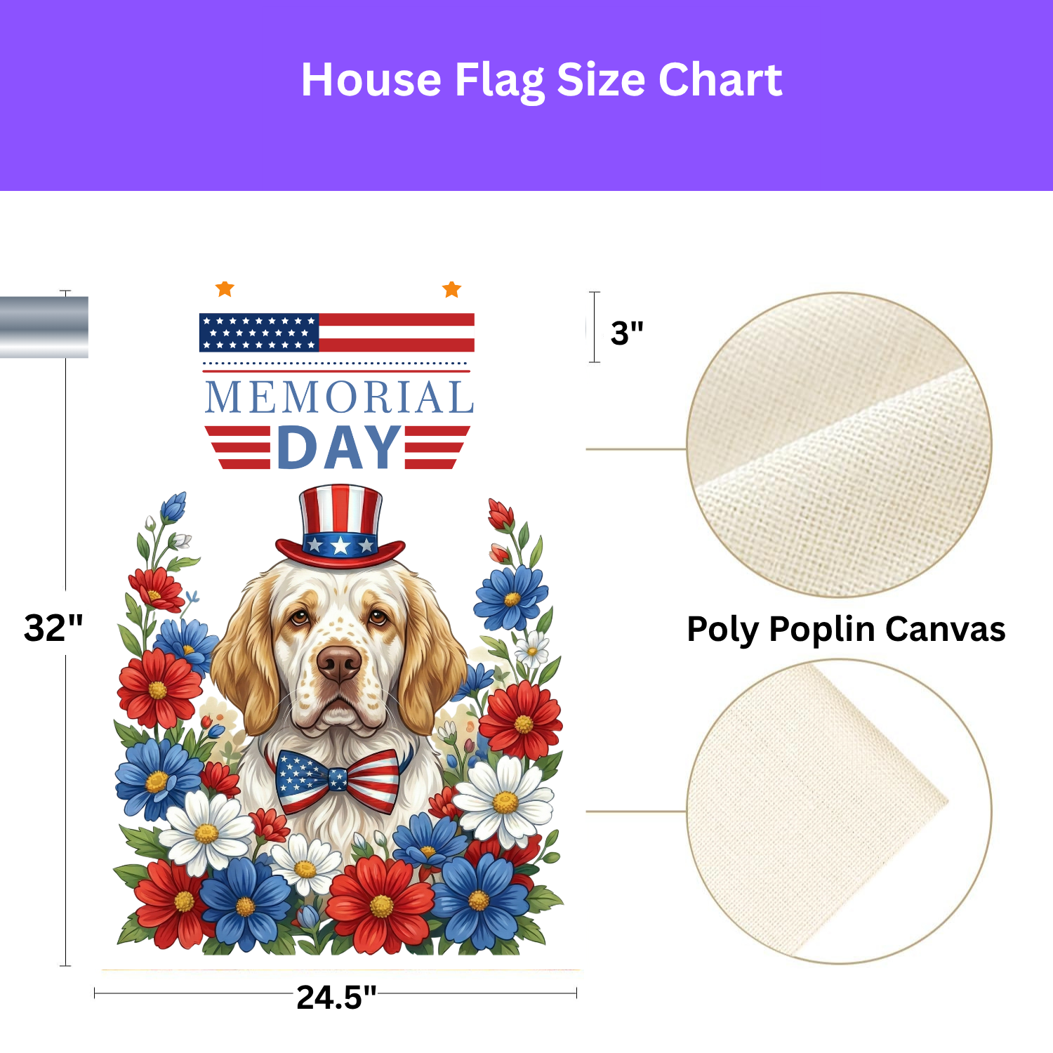 Memorial Day Clumber Spaniel Garden Flag - size comparison - Dragonfire Gardens