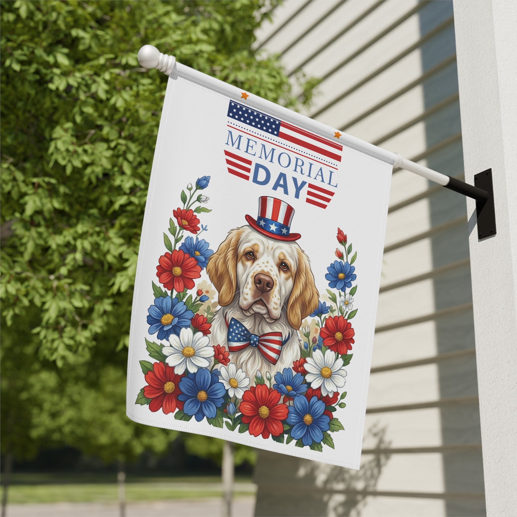 Memorial Day Clumber Spaniel Garden Flag - yard display - Dragonfire Gardens
