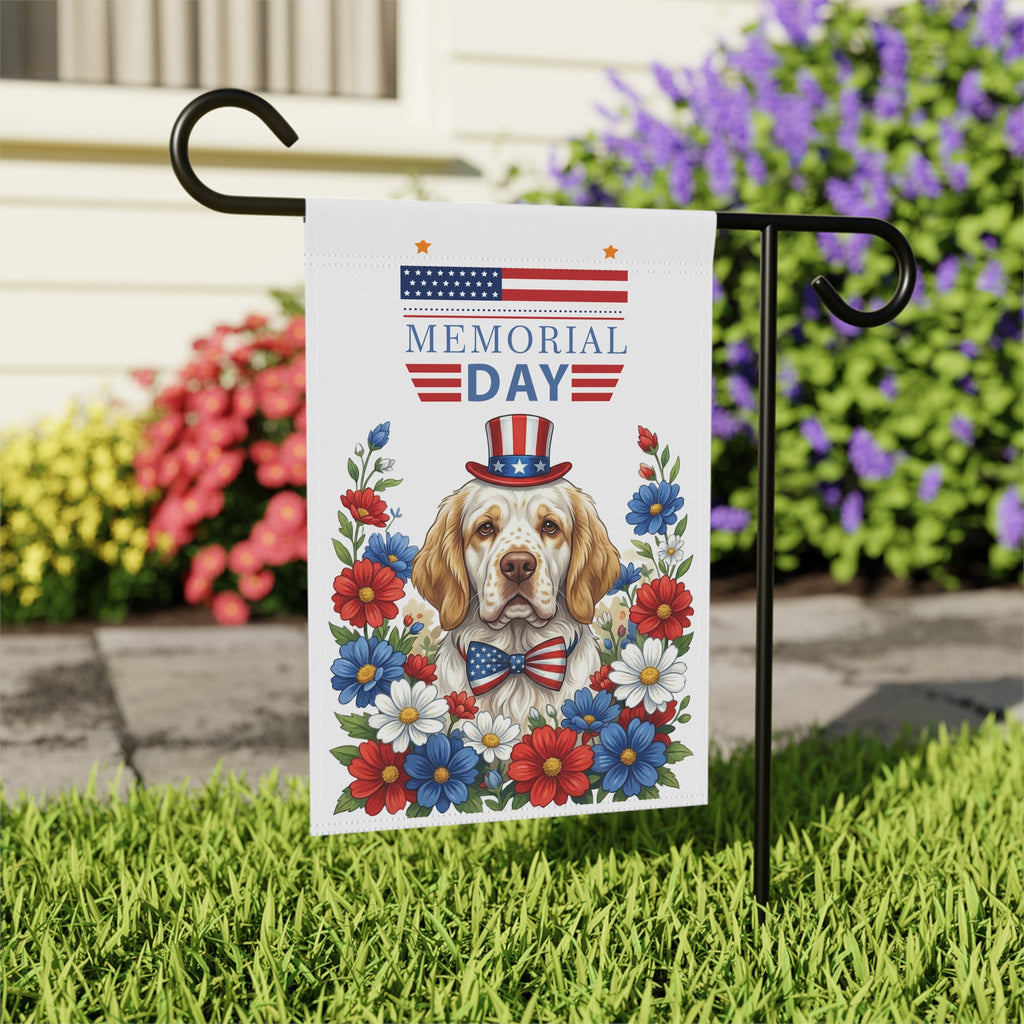 Memorial Day Clumber Spaniel Garden Flag - close-up detail - Dragonfire Gardens