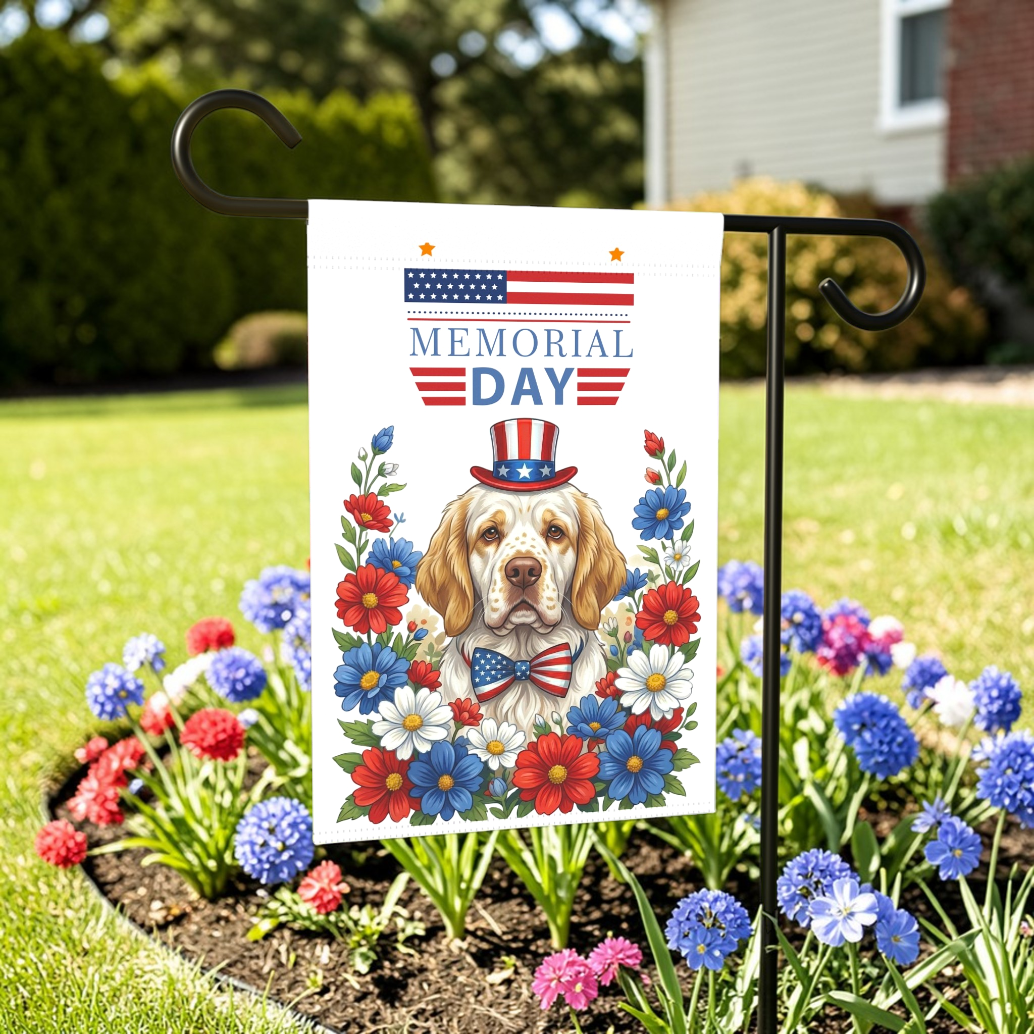 Memorial Day Clumber Spaniel Garden Flag - outdoor display - Dragonfire Gardens