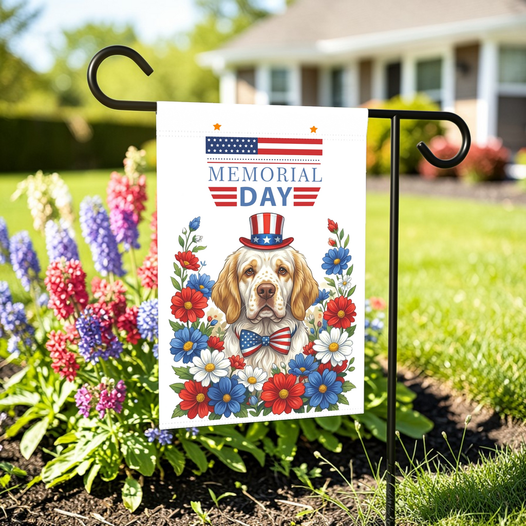 Memorial Day Clumber Spaniel Garden Flag - front view - Dragonfire Gardens