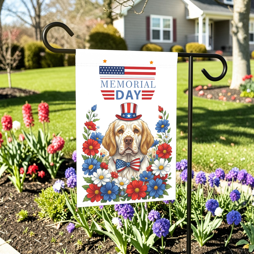 Memorial Day Clumber Spaniel Garden Flag - lifestyle display - Dragonfire Gardens