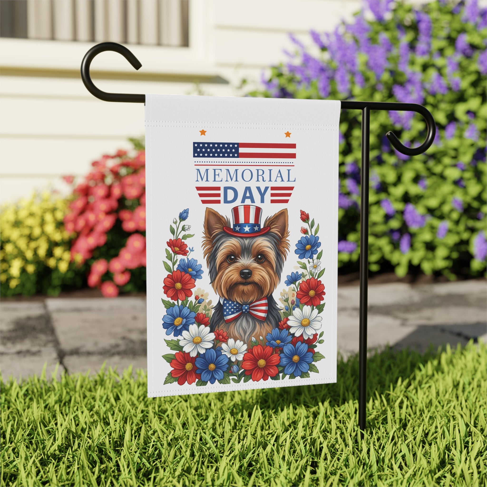 Memorial Day Yorkshire Terrier Garden Flag - close-up detail - Dragonfire Gardens