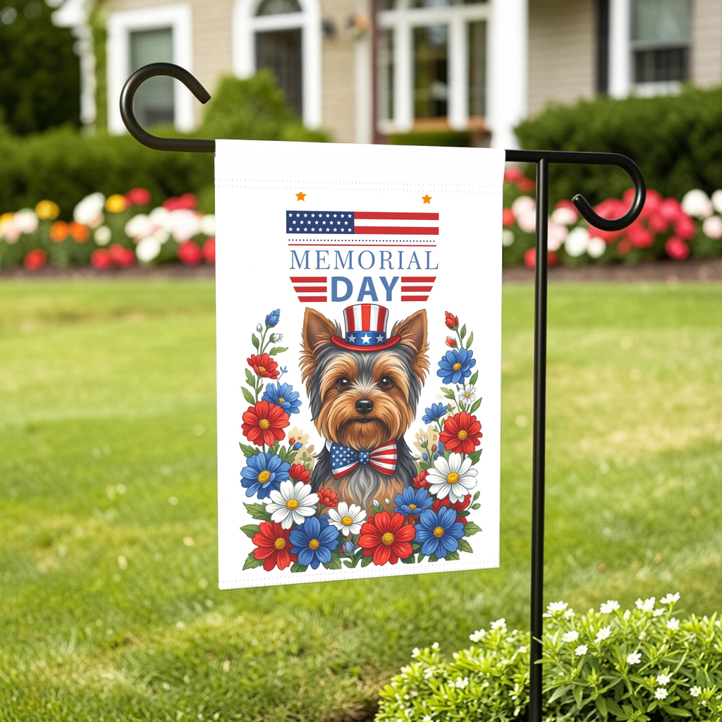 Memorial Day Yorkshire Terrier Garden Flag - front view - Dragonfire Gardens