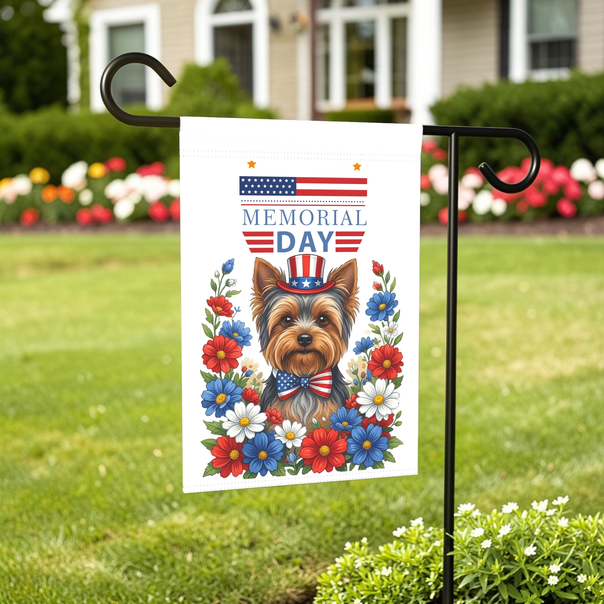 Memorial Day Yorkshire Terrier Garden Flag - front view - Dragonfire Gardens
