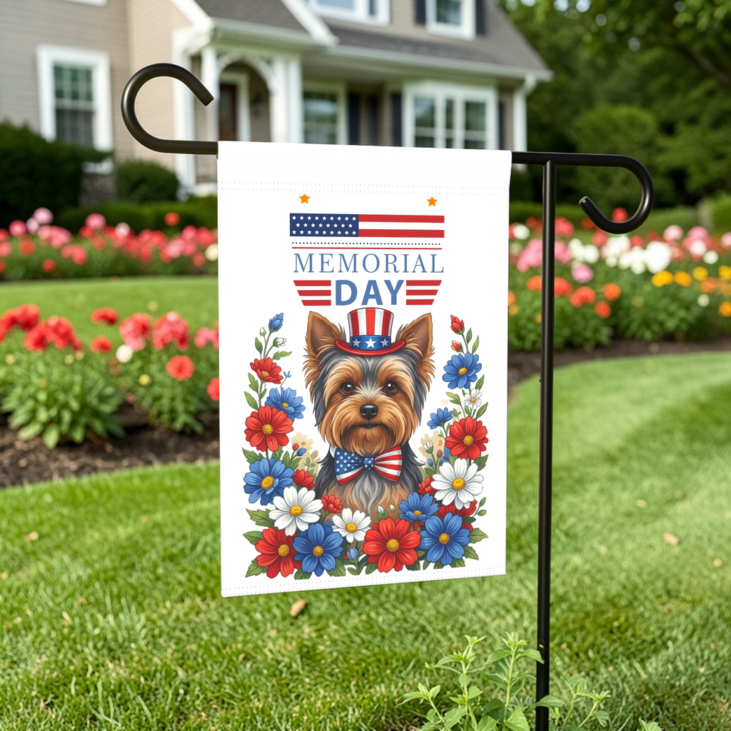 Memorial Day Yorkshire Terrier Garden Flag - outdoor display - Dragonfire Gardens