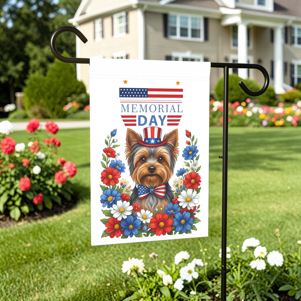 Memorial Day Yorkshire Terrier Garden Flag - lifestyle display - Dragonfire Gardens