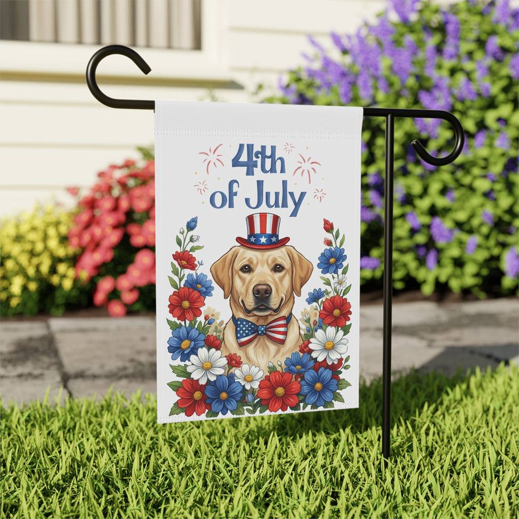 4th of July Patriotic Yellow Labrador Retriever Garden Flag - close-up detail - Dragonfire Gardens