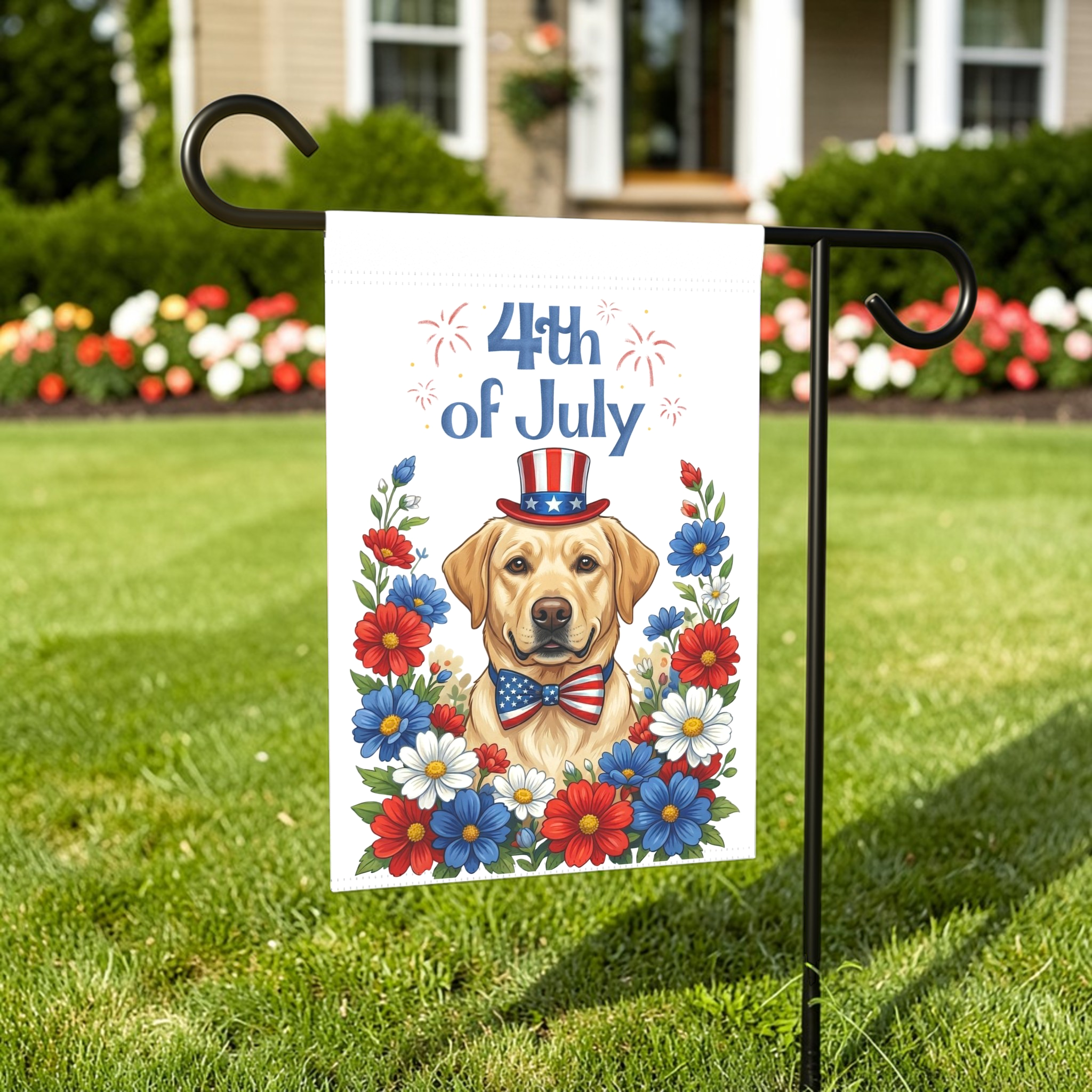 4th of July Patriotic Yellow Labrador Retriever Garden Flag - front view - Dragonfire Gardens
