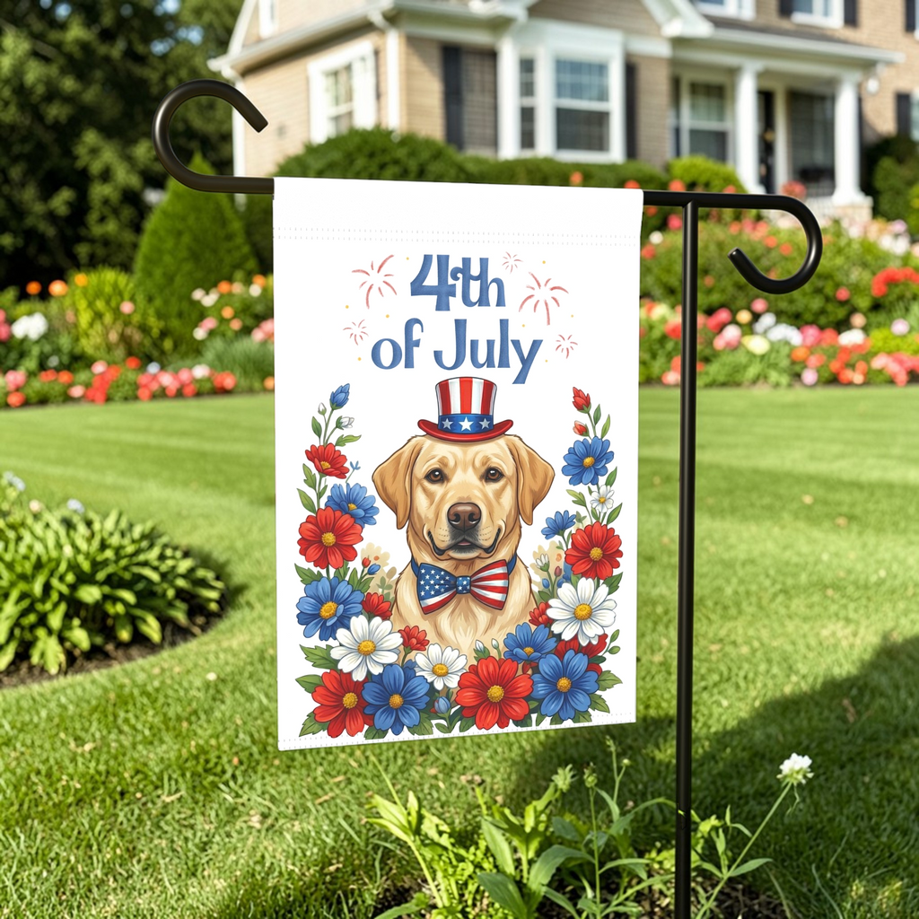 4th of July Patriotic Yellow Labrador Retriever Garden Flag - lifestyle display - Dragonfire Gardens