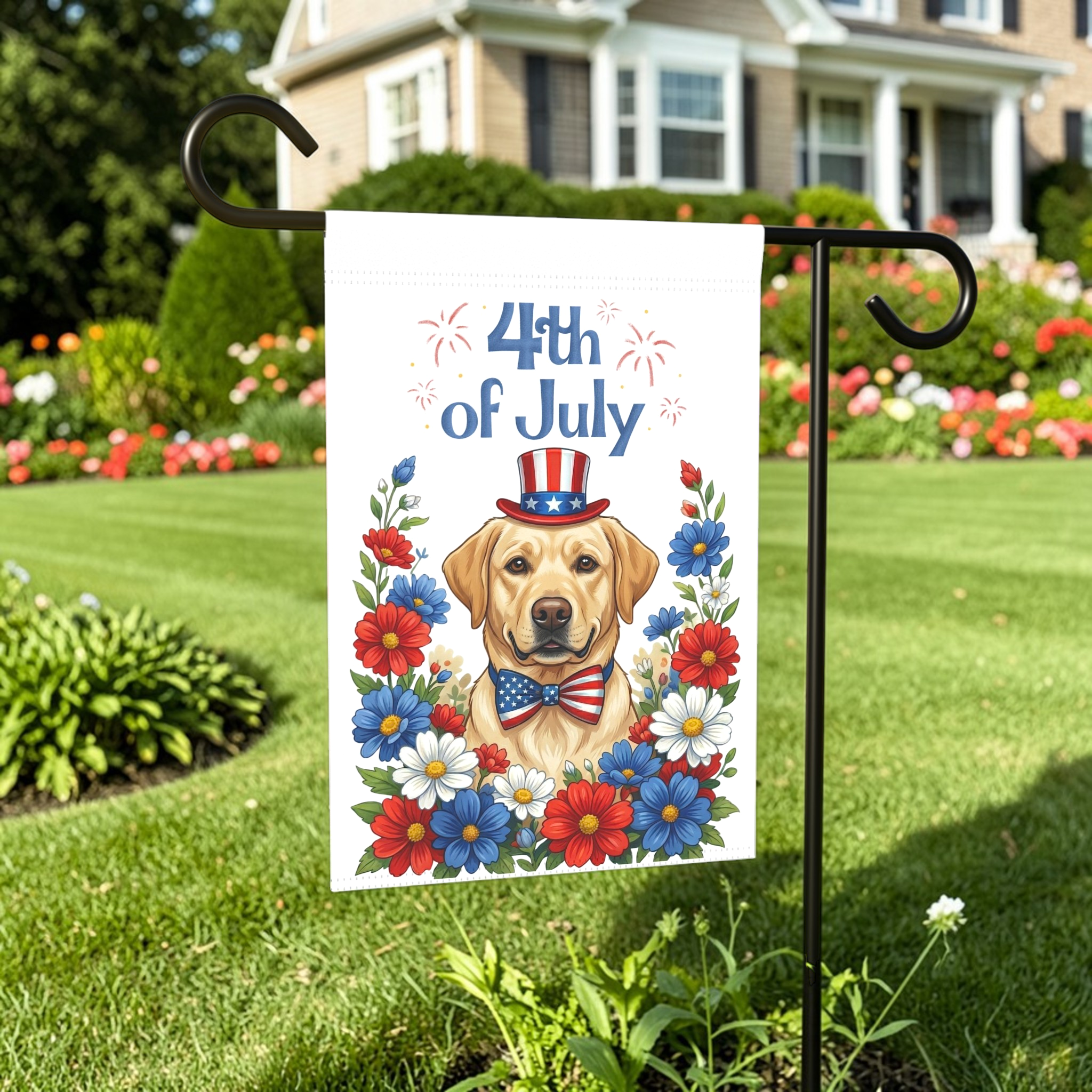 4th of July Patriotic Yellow Labrador Retriever Garden Flag - lifestyle display - Dragonfire Gardens
