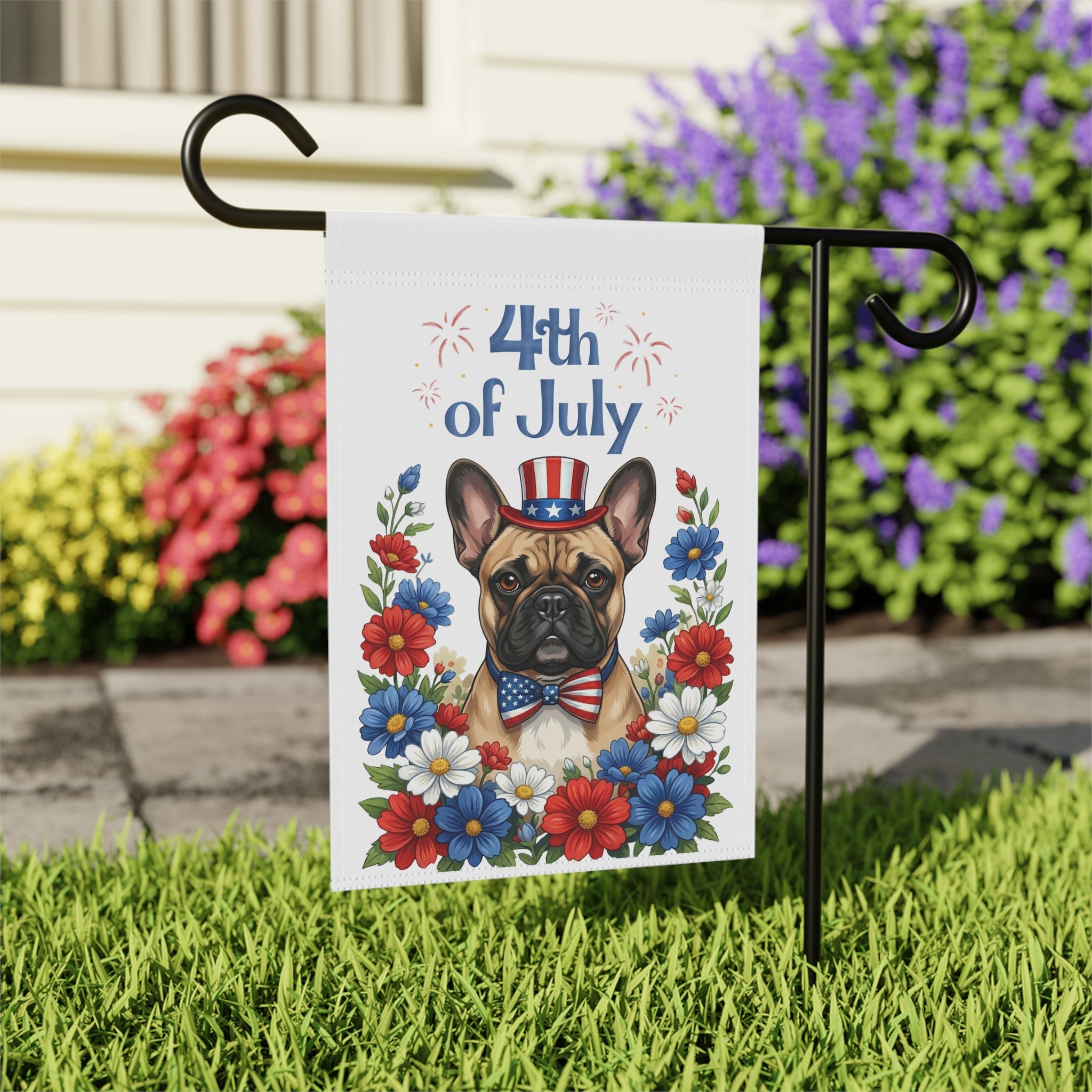 4th of July Patriotic French Bulldog Garden Flag - close-up detail - Dragonfire Gardens