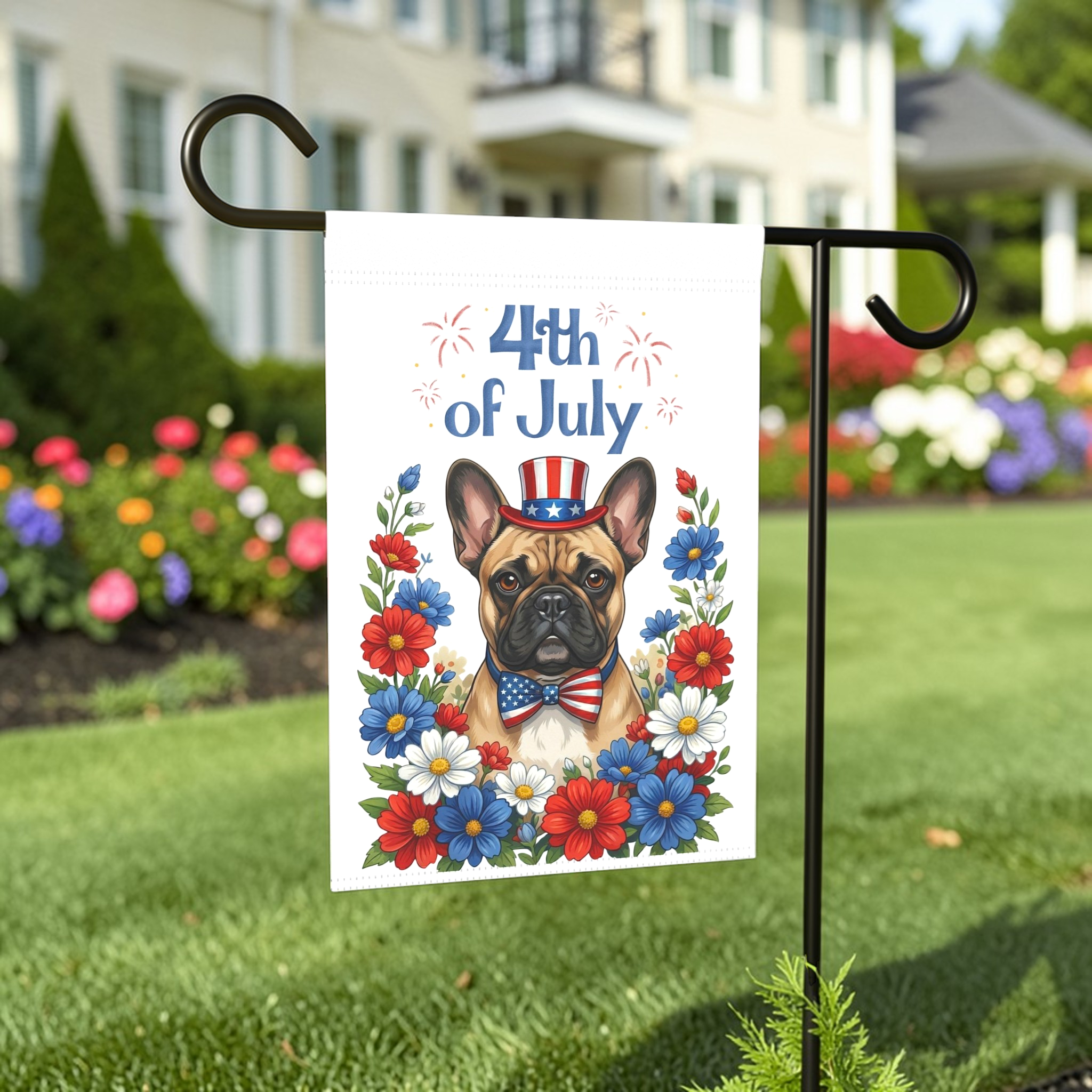 4th of July Patriotic French Bulldog Garden Flag - lifestyle display - Dragonfire Gardens