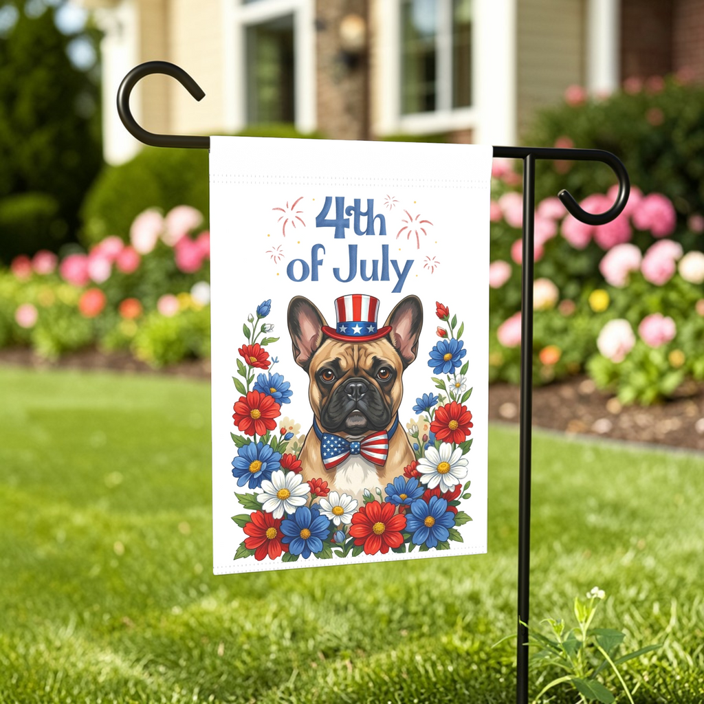 4th of July Patriotic French Bulldog Garden Flag - outdoor display - Dragonfire Gardens