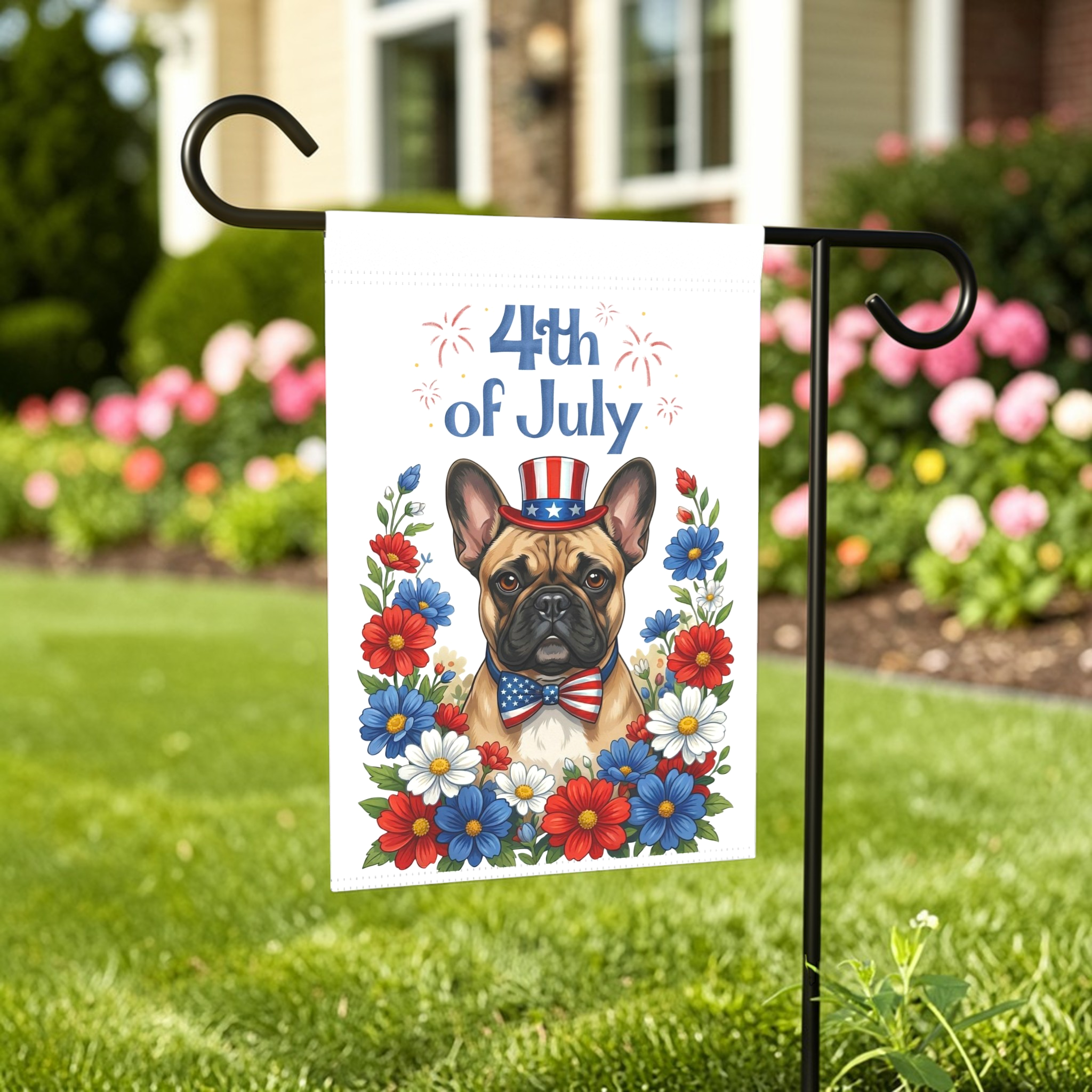 4th of July Patriotic French Bulldog Garden Flag - outdoor display - Dragonfire Gardens